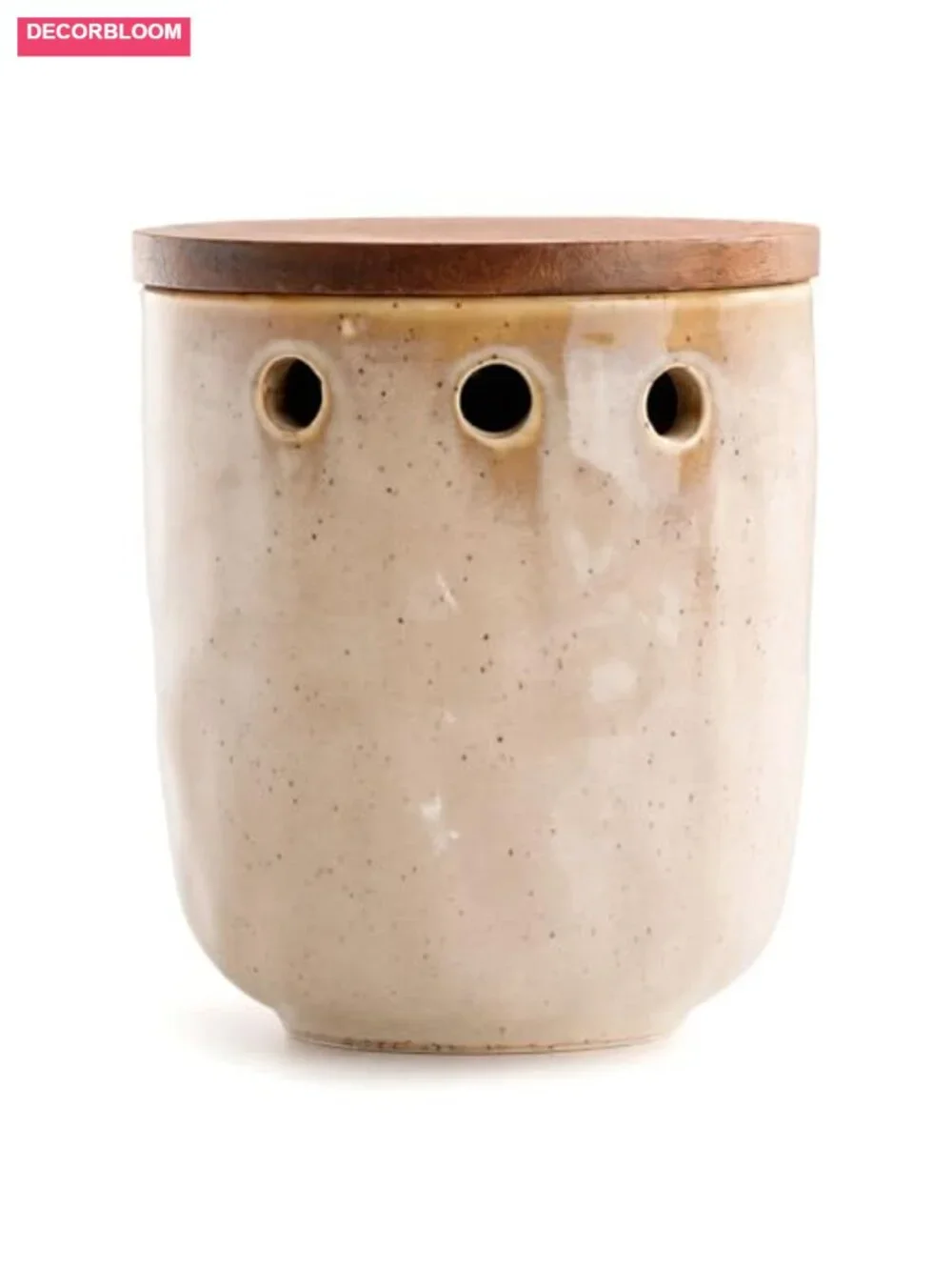 Ceramic Garlic Keeper with Wood Lid, Large Capacity Storage Container